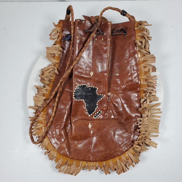 Vintage Hippy Leather Fringe Bucket Tie Purse Handcrafted - Picture 1 of 6